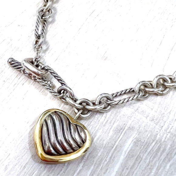David Yurman 925 Sterling Silver 18K Yellow Gold Heart Pendant Figaro Necklace - Picture 3 of 7